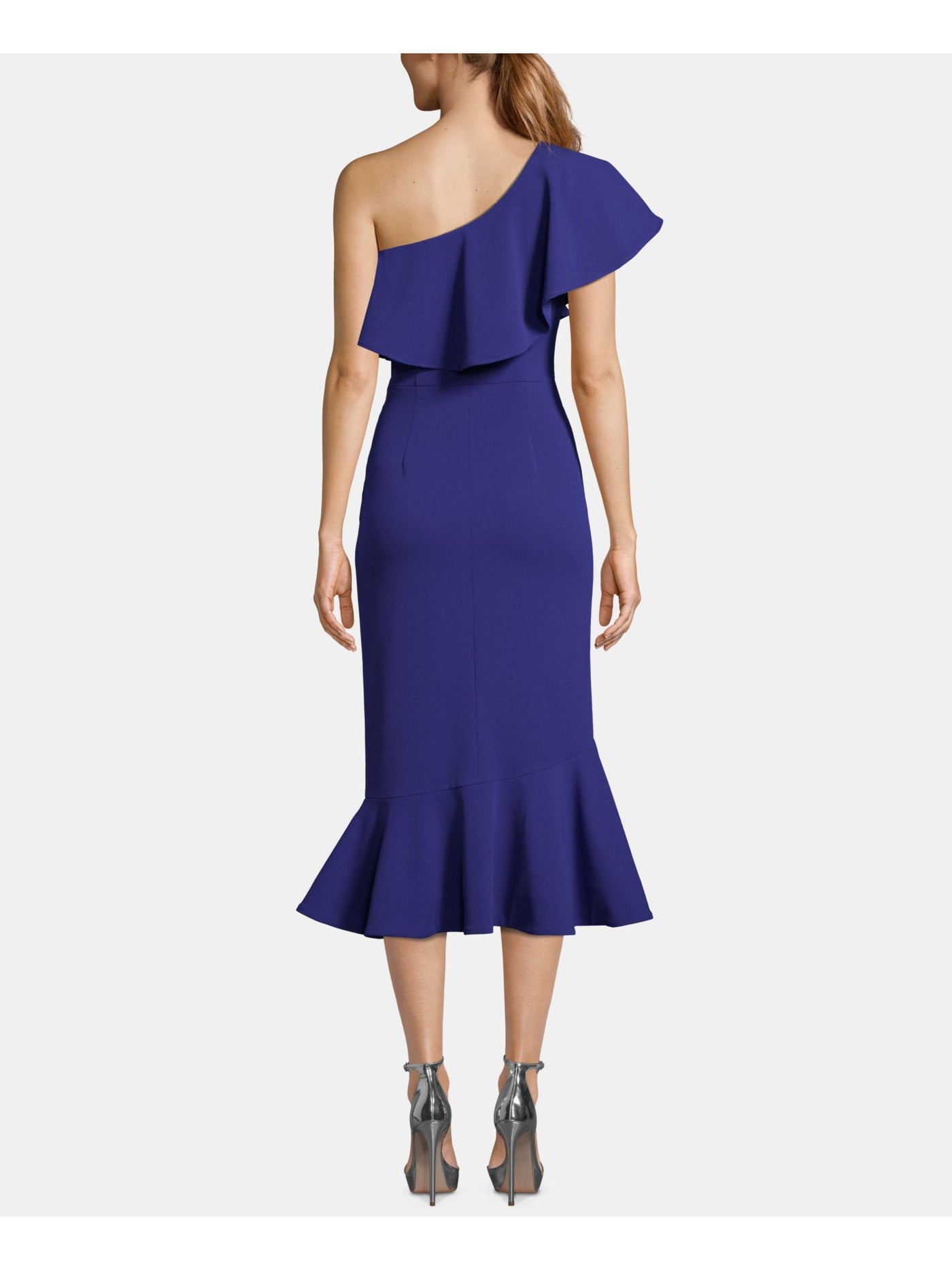 BETSY & ADAM Womens Blue Ruffled Sleeveless Asymmetrical Neckline Midi Formal Dress 6