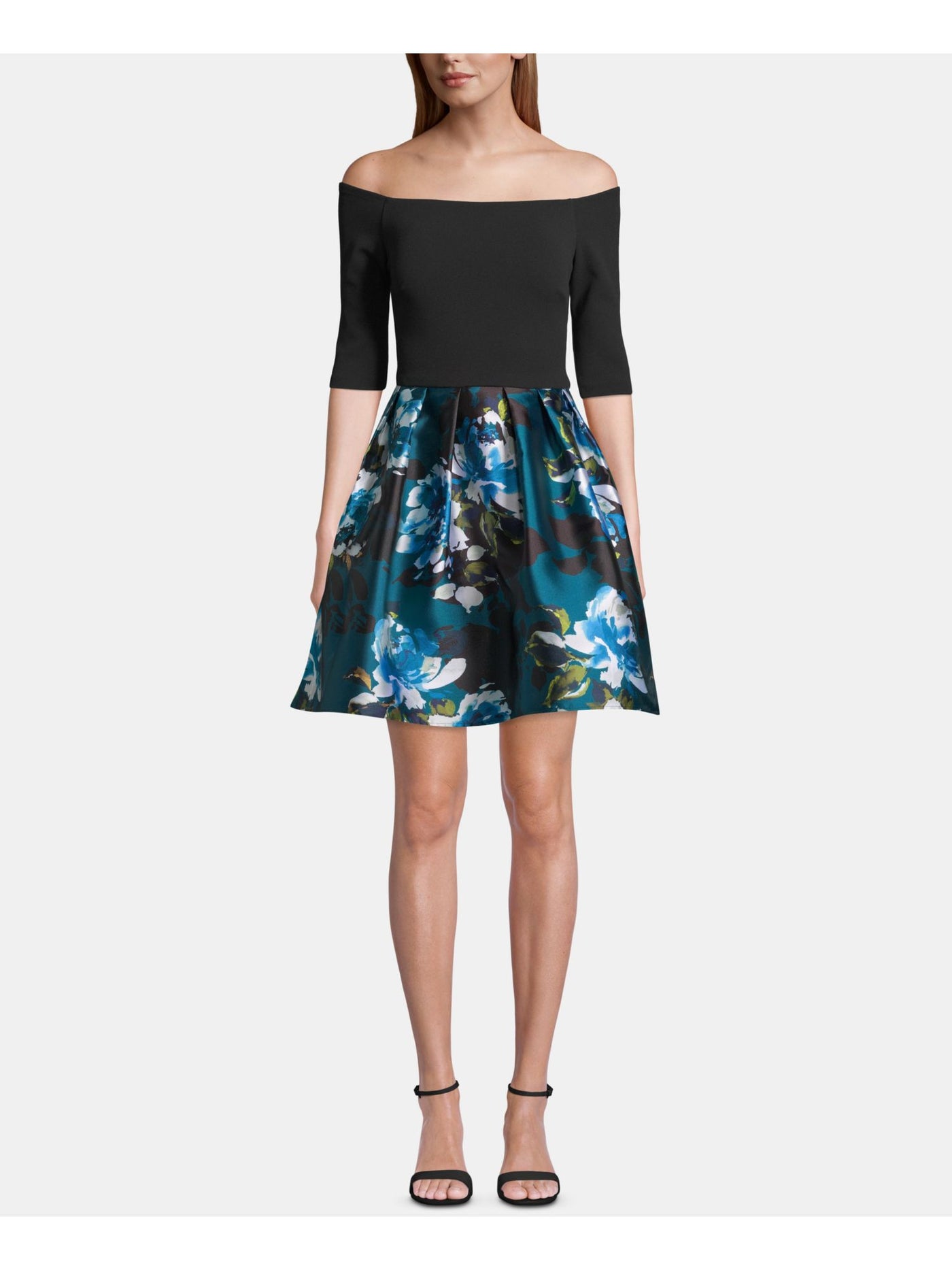 BETSY & ADAM Womens Black Zippered Floral 3/4 Sleeve Off Shoulder Short Cocktail Fit + Flare Dress 4