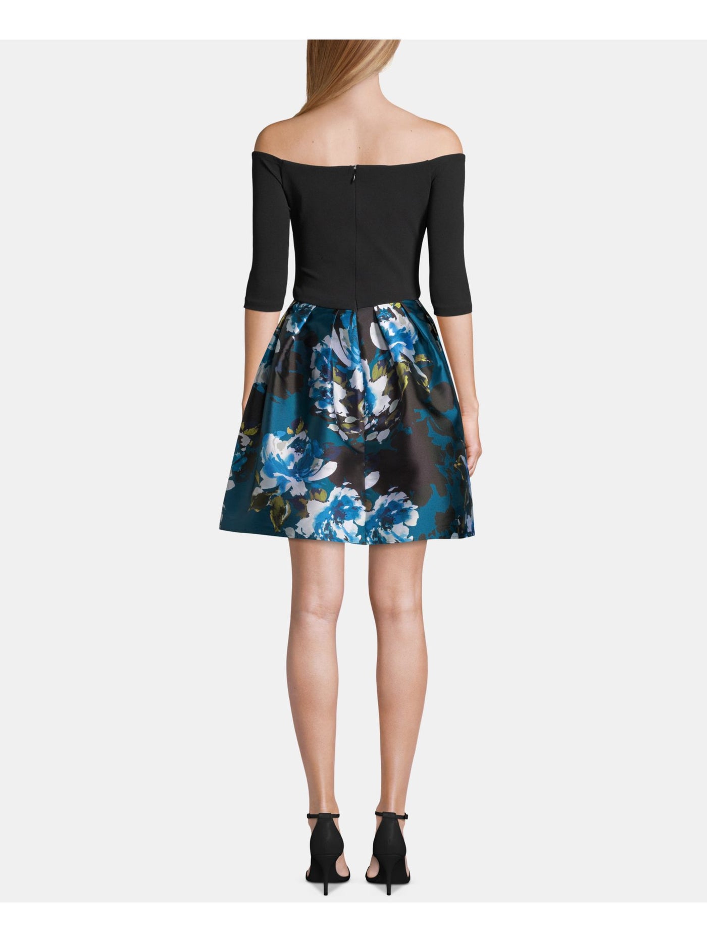 BETSY & ADAM Womens Black Zippered Floral 3/4 Sleeve Off Shoulder Short Cocktail Fit + Flare Dress 8