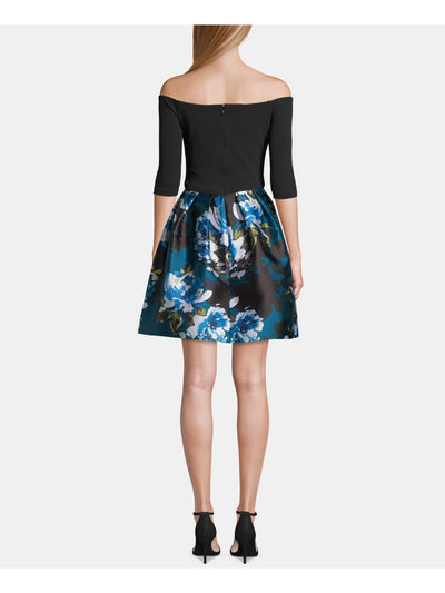 BETSY & ADAM Womens Black Zippered Floral 3/4 Sleeve Off Shoulder Short Cocktail Fit + Flare Dress 12