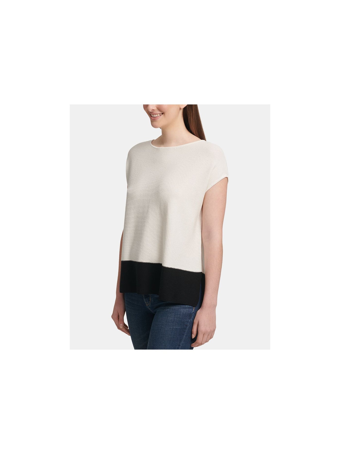 DKNY Womens Ivory Color Block Cap Sleeve Jewel Neck Top M