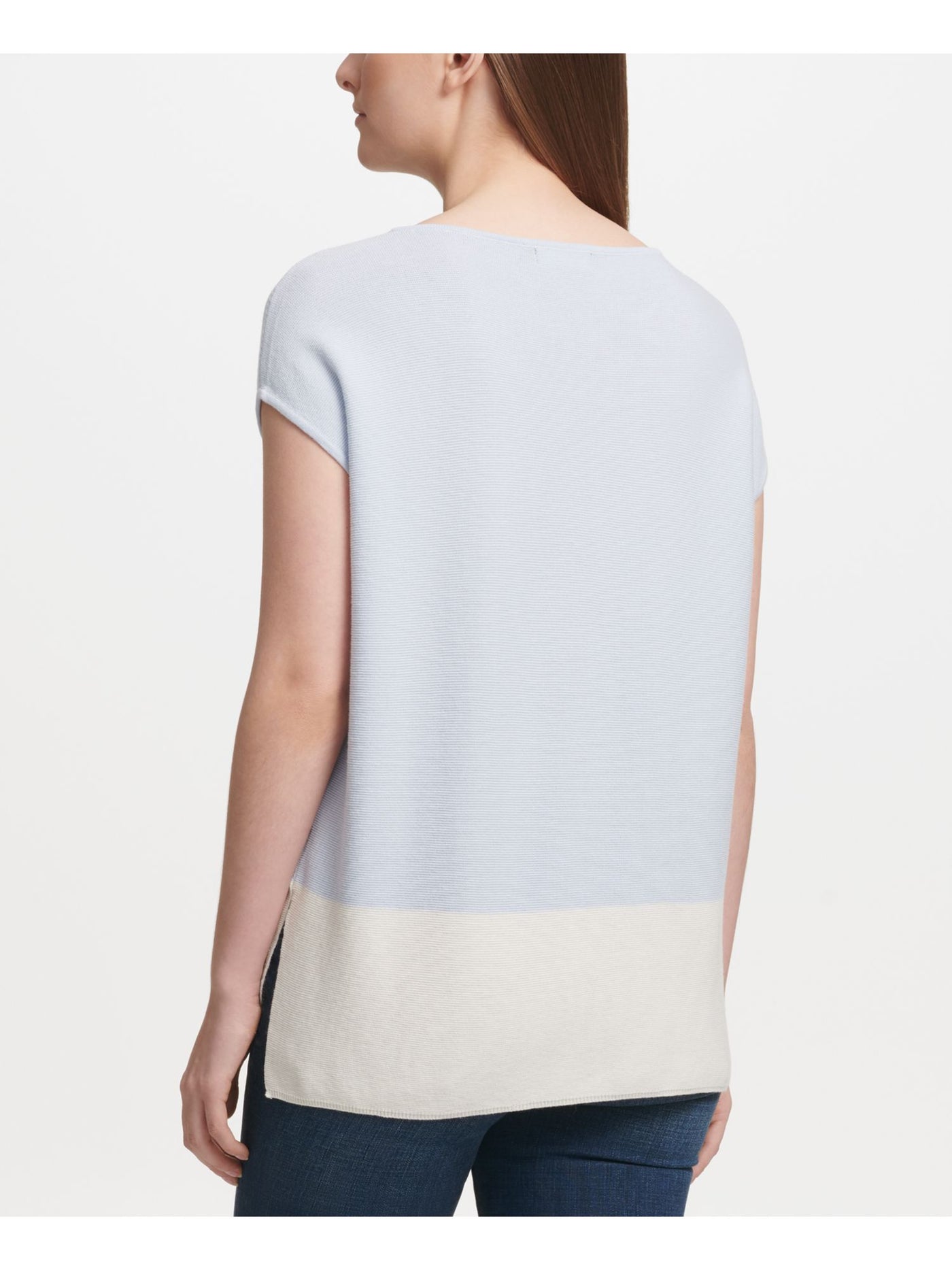 DKNY Womens Light Blue Color Block Cap Sleeve Jewel Neck T-Shirt M