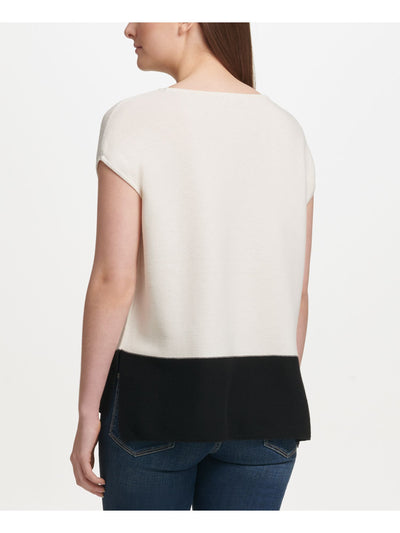 DKNY Womens Beige Color Block Cap Sleeve Jewel Neck Top L