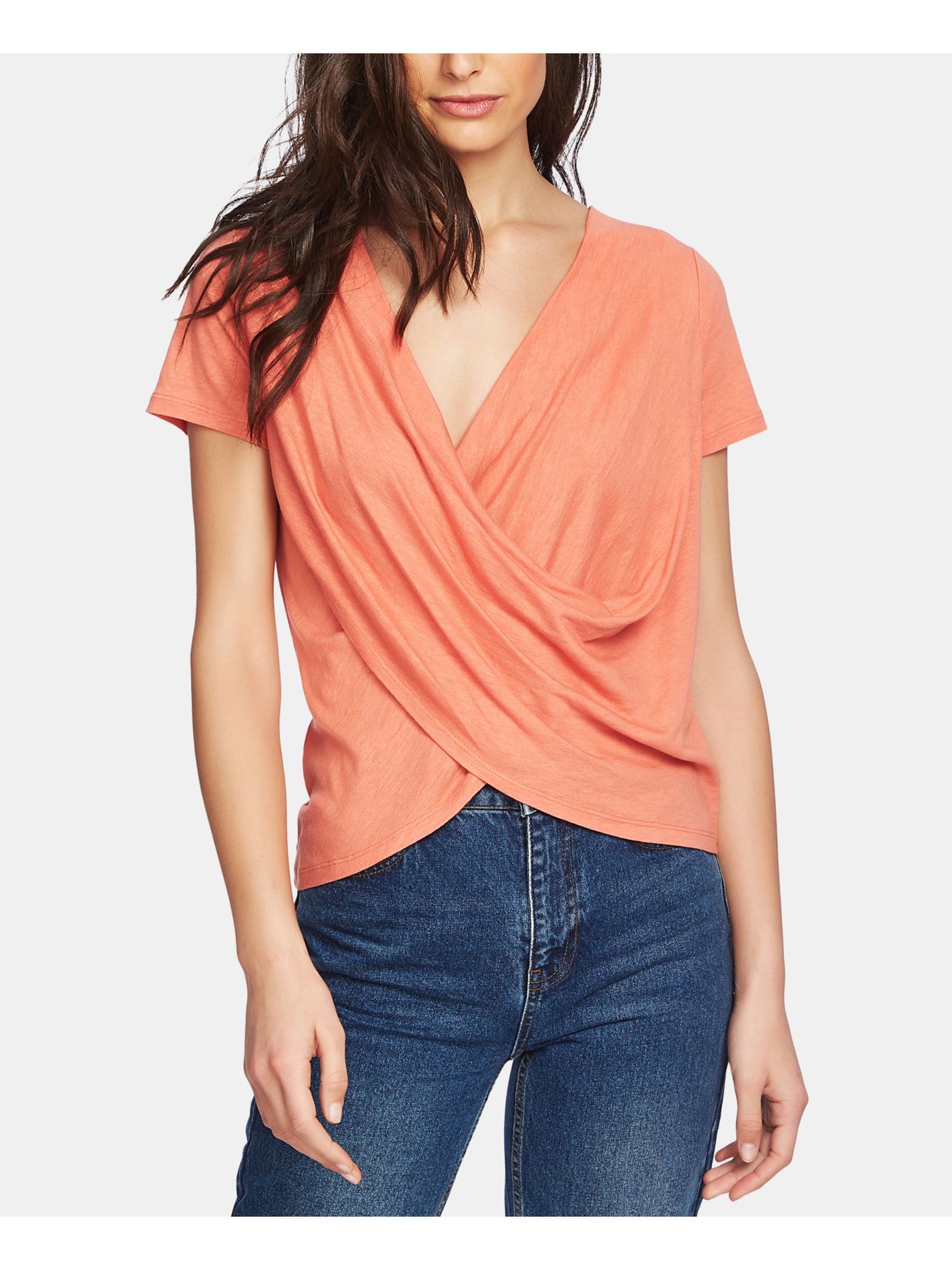 1. STATE Womens Coral Draped Front Short Sleeve V Neck Top XS