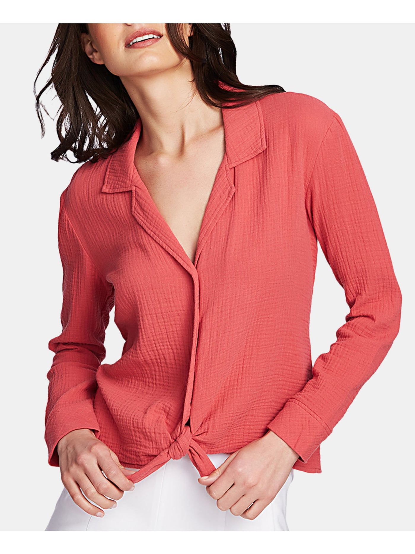 1. STATE Womens Tie Long Sleeve V Neck Button Up Top