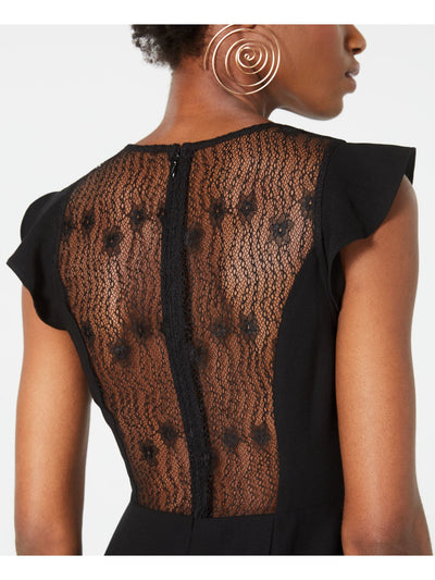 19 COOPER Womens Black Ruffled Lace Zippered Cap Sleeve V Neck Short Cocktail Sheath Dress S