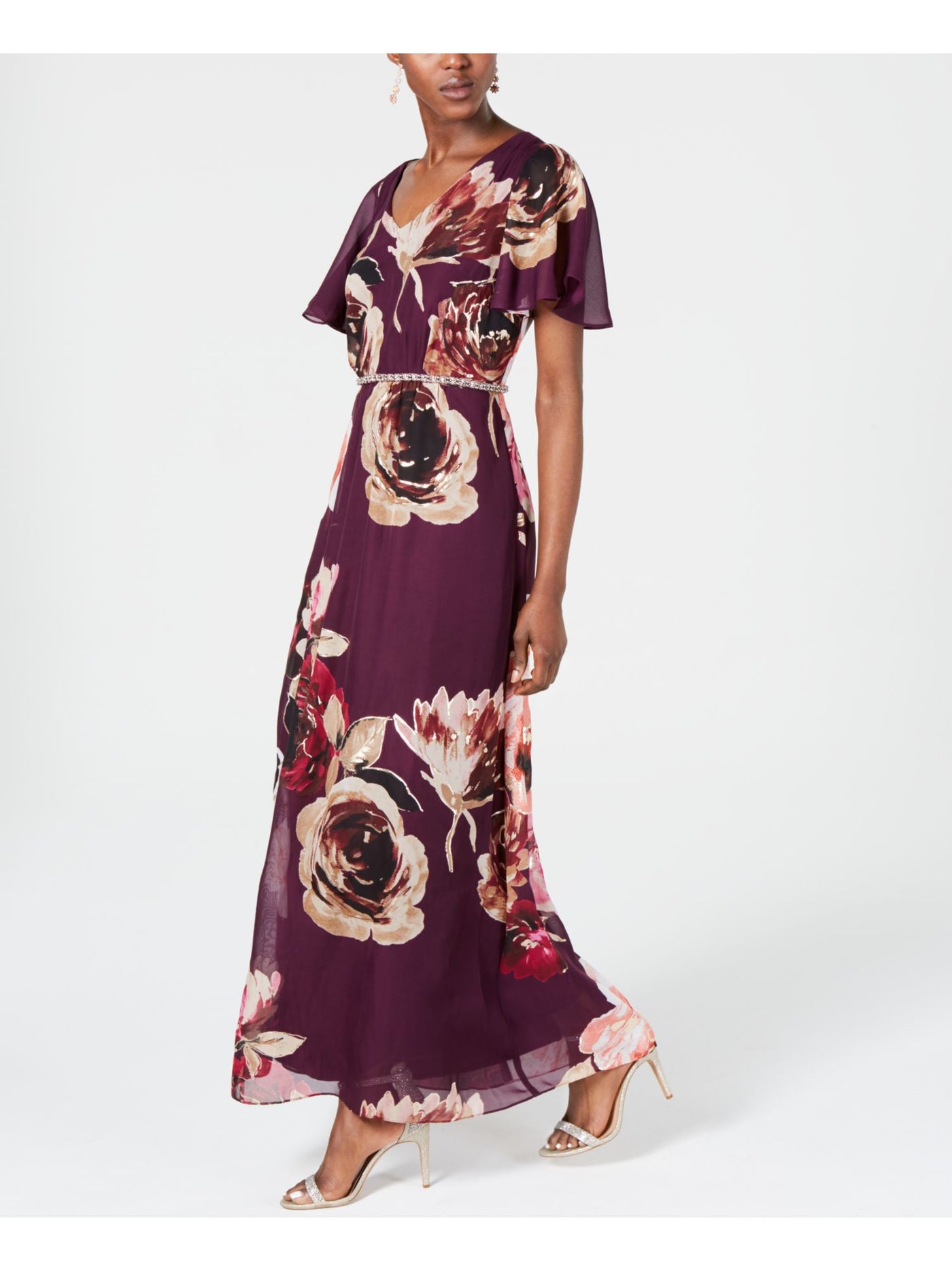 SLNY Womens Burgundy Embellished Floral V Neck Maxi Evening Dress 4