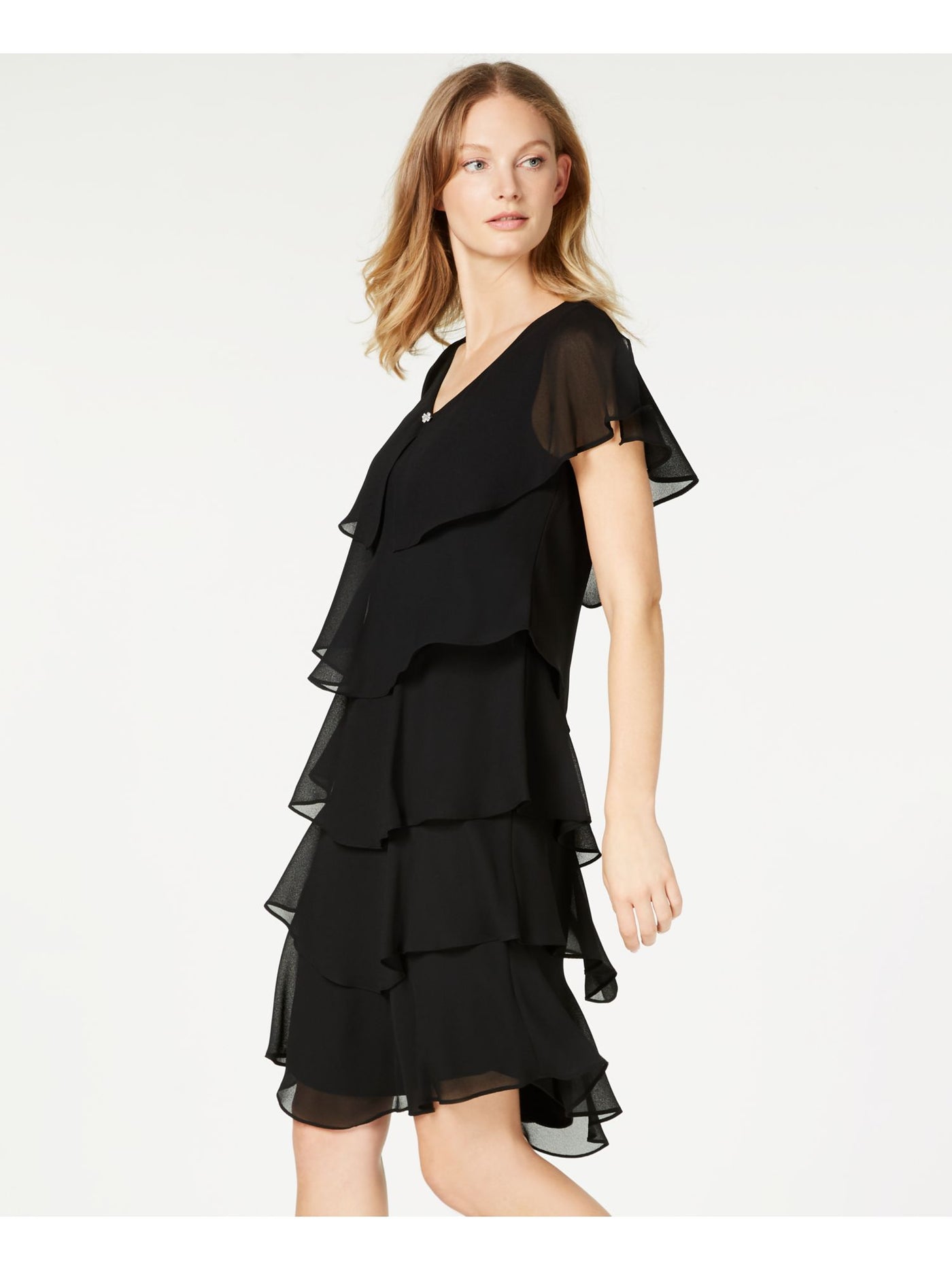 SLNY Womens Black Embellished Pull-on Tiered Lined Flutter Sleeve V Neck Above The Knee Party Shift Dress Plus 20W