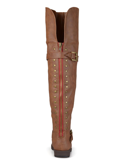 JOURNEE COLLECTION Womens Brown Hidden Inside Pocket Buckled Straps Studded Padded Kane Round Toe Block Heel Zip-Up Riding Boot 7 WC