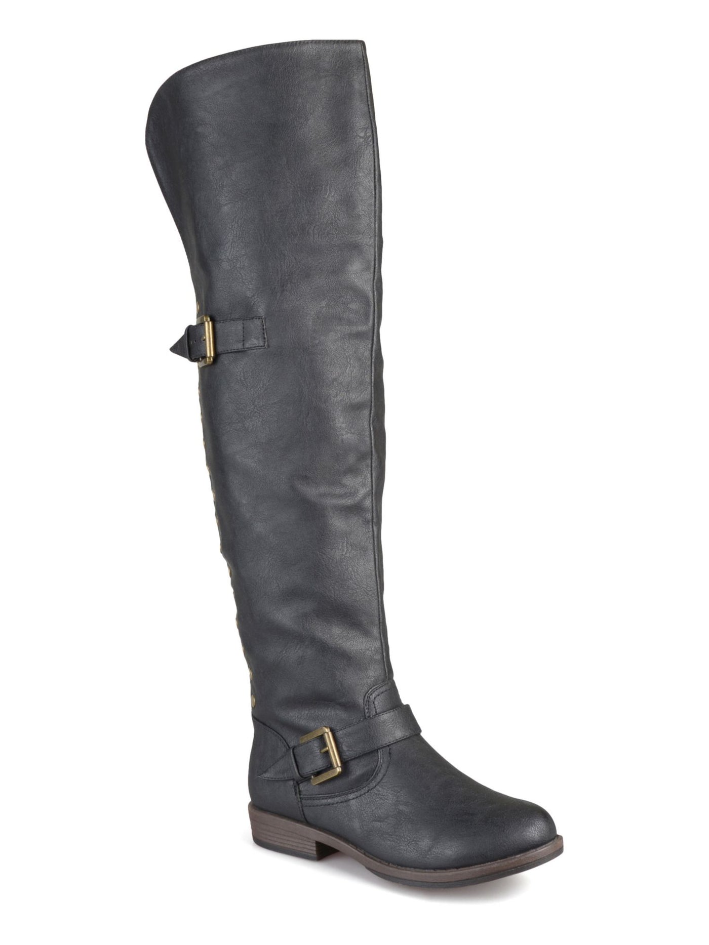 JOURNEE COLLECTION Womens Black Hidden Pocket Buckle Accent Studded Kane Round Toe Block Heel Zip-Up Riding Boot 7.5 M WC