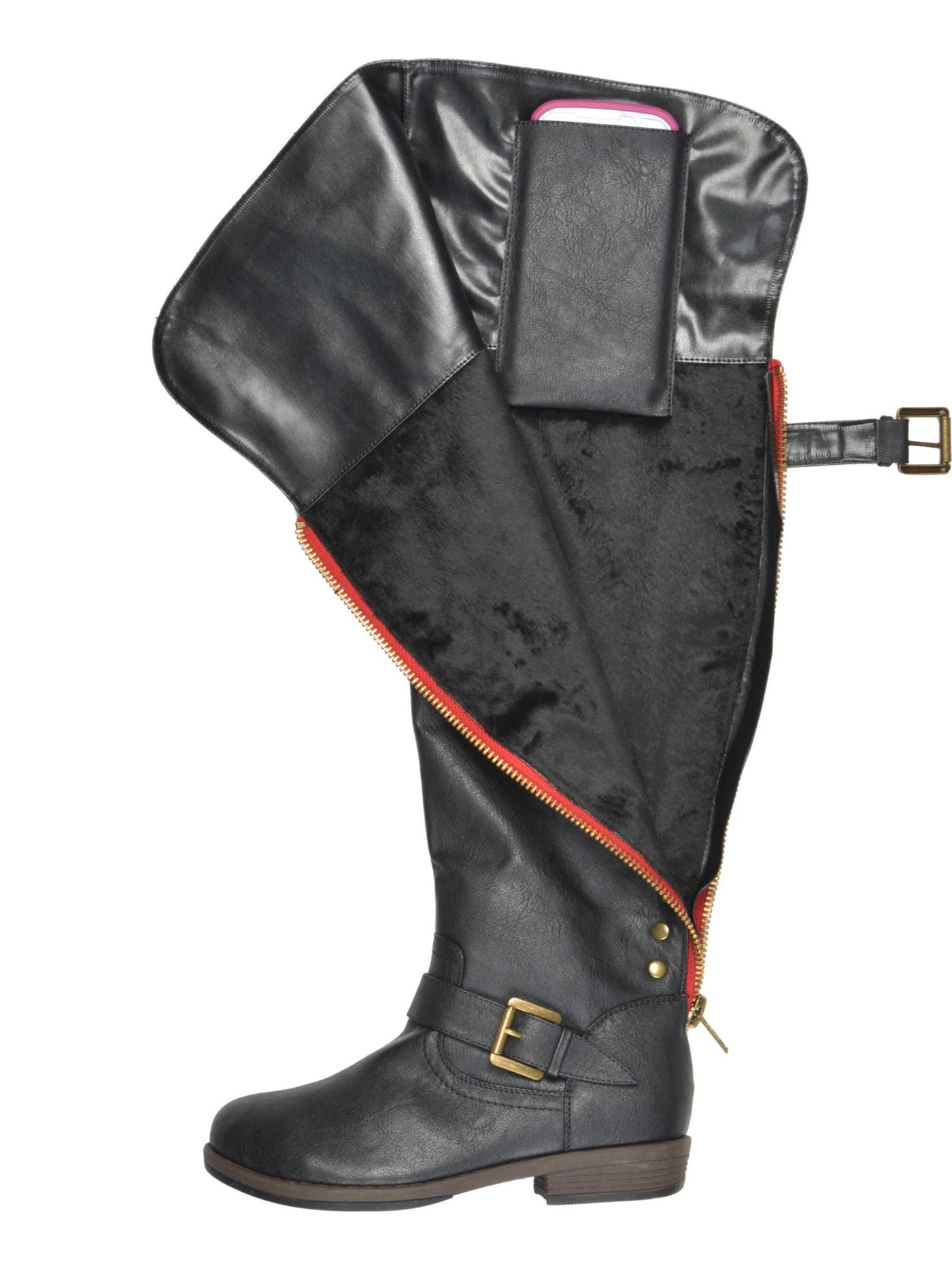 JOURNEE COLLECTION Womens Black Hidden Pocket Buckle Accent Studded Kane Round Toe Block Heel Zip-Up Riding Boot 7.5 M WC