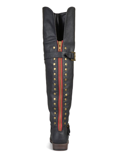 JOURNEE COLLECTION Womens Black Studded Cushioned Buckle Accent Kane Round Toe Stacked Heel Zip-Up Riding Boot 8.5