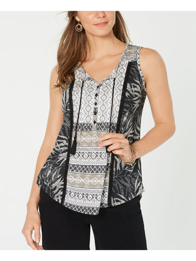 STYLE & COMPANY Womens Black Embroidered Printed Sleeveless V Neck Top Petites PS