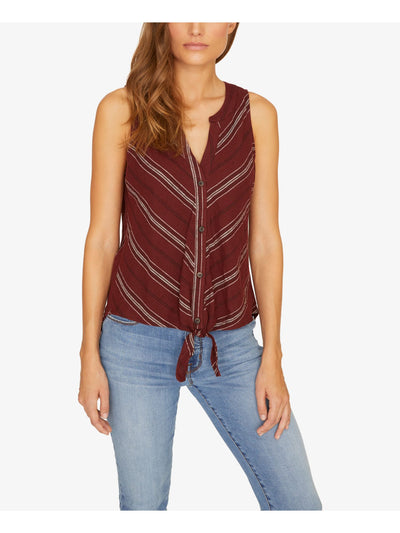 SANCTUARY Womens Maroon Tie Front Striped Sleeveless V Neck Button Up Top XS