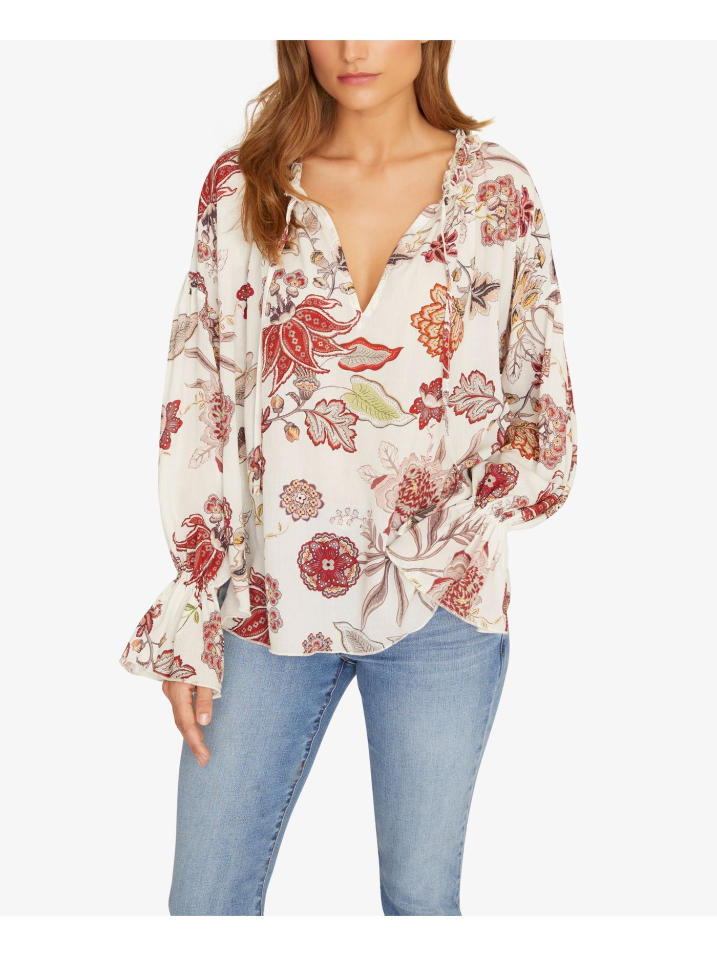 SANCTUARY Womens White Floral Long Sleeve V Neck Top S