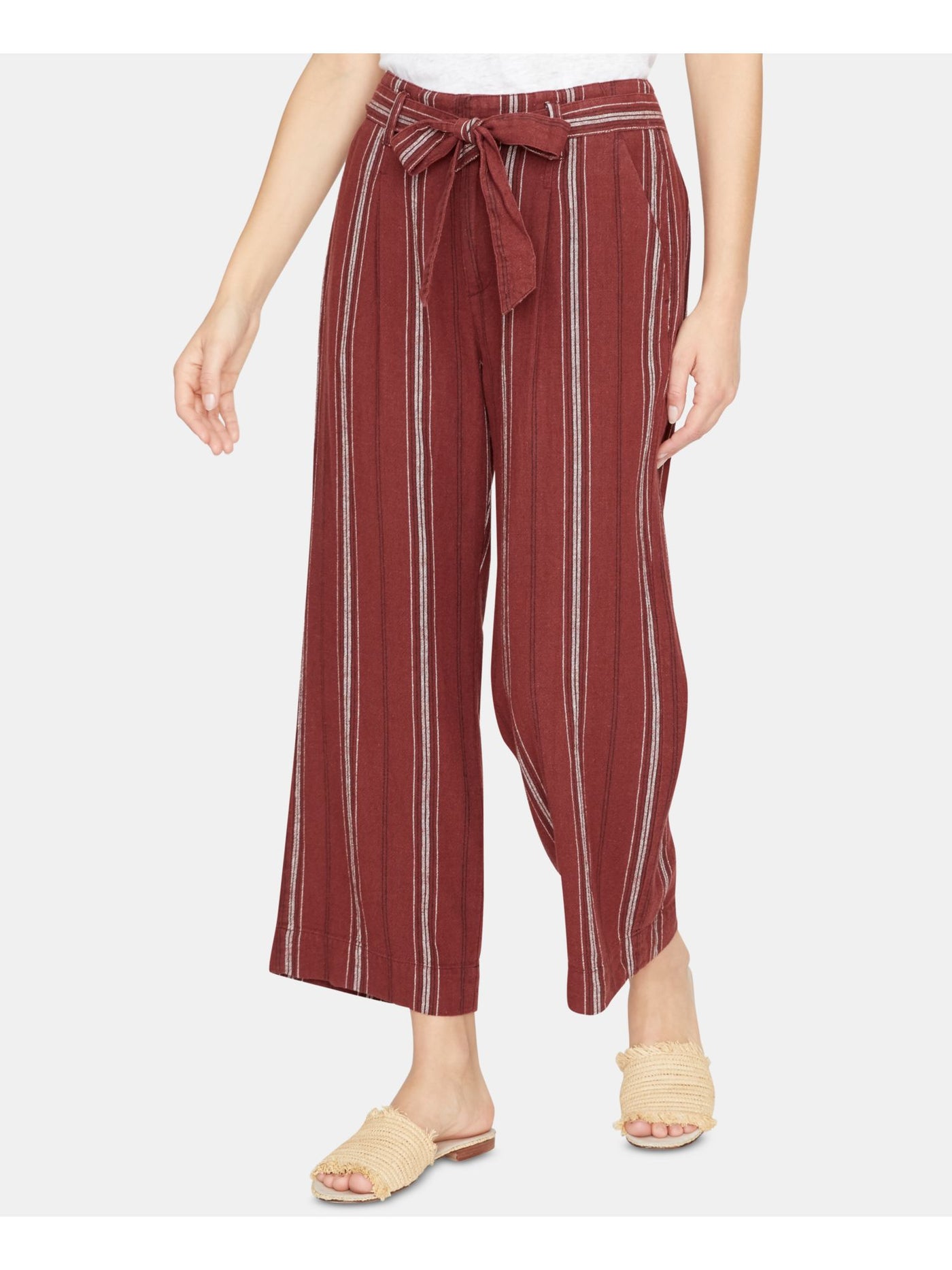 SANCTUARY Womens Maroon Belted Pocketed Striped Wide Leg Pants Size: 26