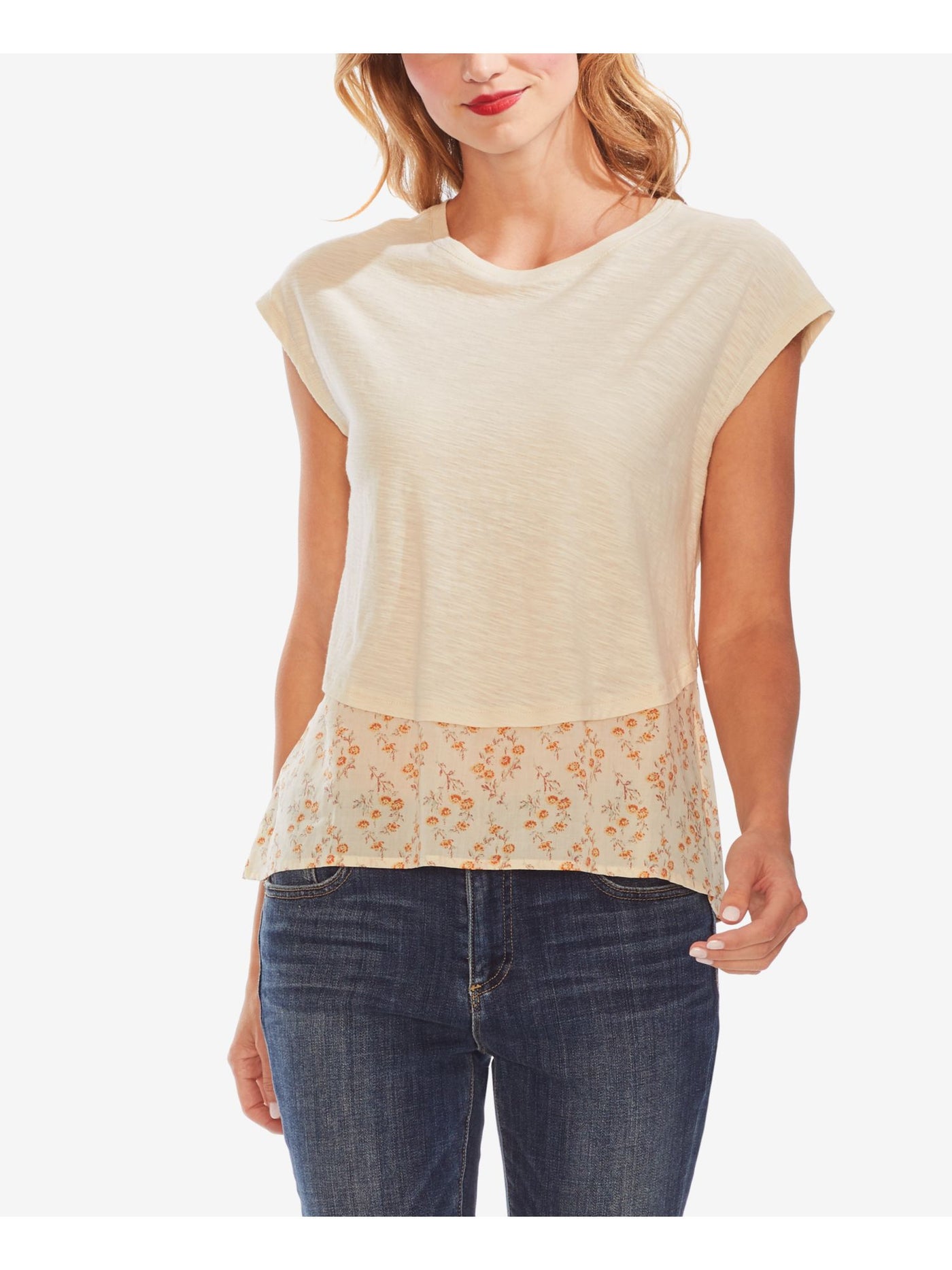 VINCE CAMUTO Womens Ivory Floral Short Sleeve Jewel Neck Top XS