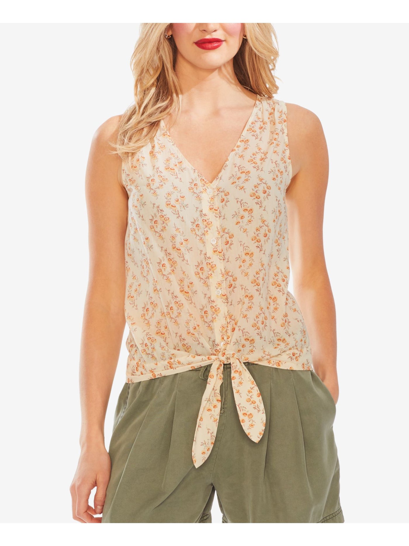 VINCE CAMUTO Womens Beige Tie Floral Sleeveless V Neck Button Up Top Size: XS