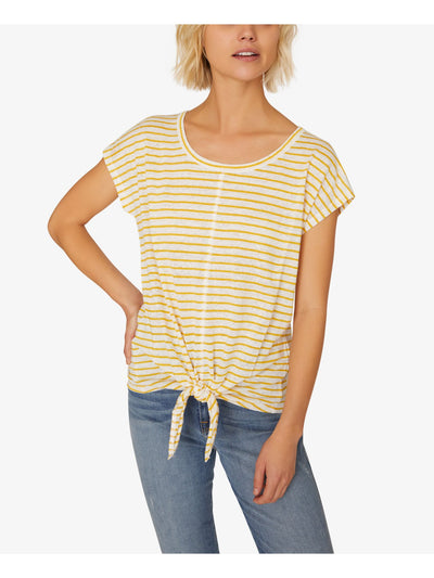 SANCTUARY Womens Gold Tie Front Striped Short Sleeve Jewel Neck T-Shirt XS