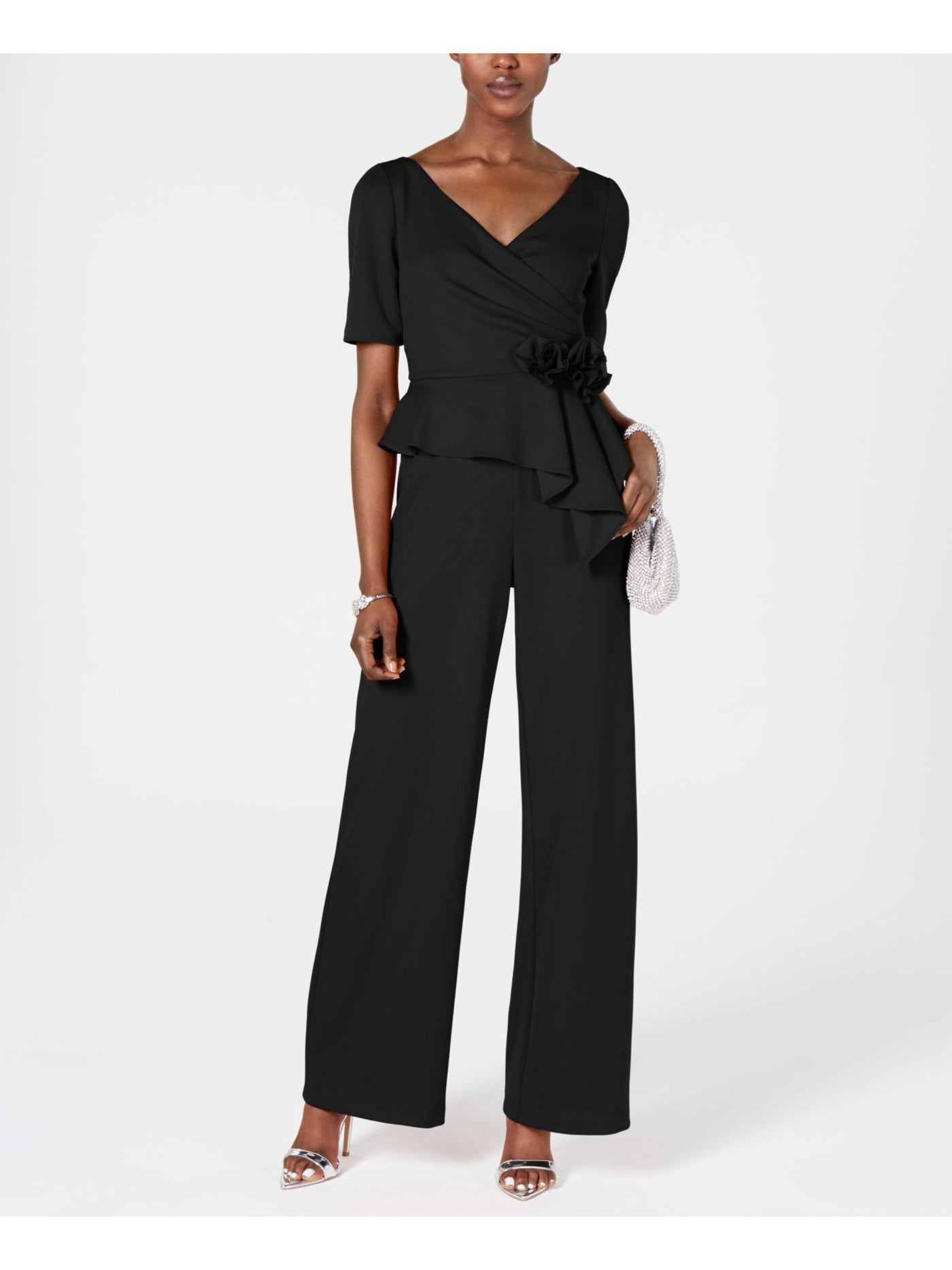 ADRIANNA PAPELL Womens Black Tie Short Sleeve V Neck Wrap Boot Cut Jumpsuit 6
