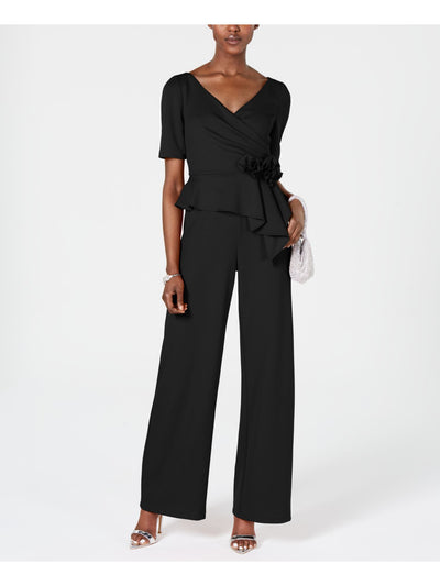 ADRIANNA PAPELL Womens Black Tie Short Sleeve V Neck Wrap Boot Cut Jumpsuit 6