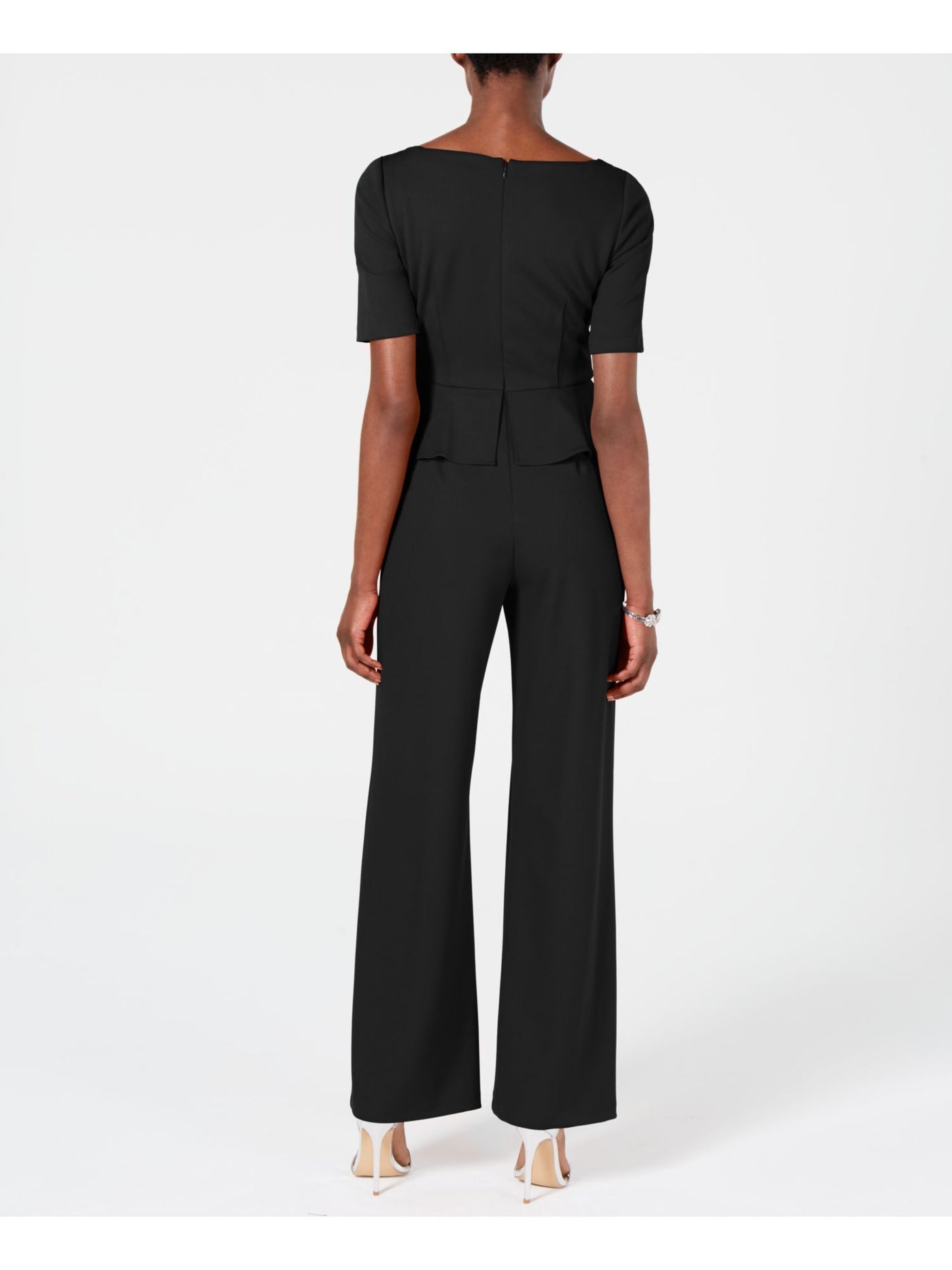 ADRIANNA PAPELL Womens Black Gathered Short Sleeve V Neck Cocktail Wide Leg Jumpsuit 2