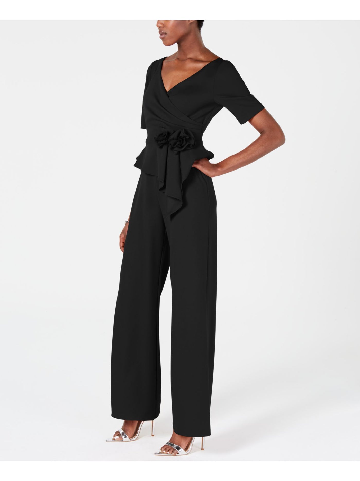 ADRIANNA PAPELL Womens Black Gathered Short Sleeve Surplice Neckline Cocktail Wide Leg Jumpsuit 2