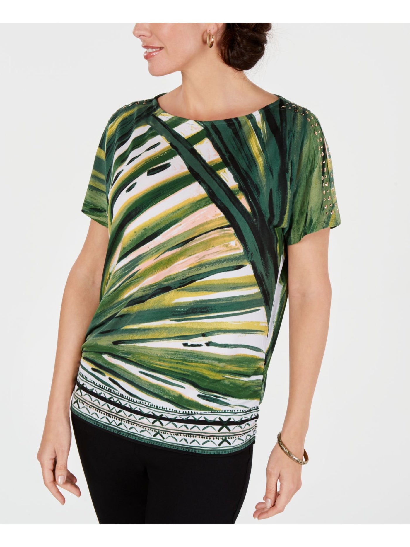 JM COLLECTION Womens Green Printed Dolman Sleeve Jewel Neck Top Petites PP