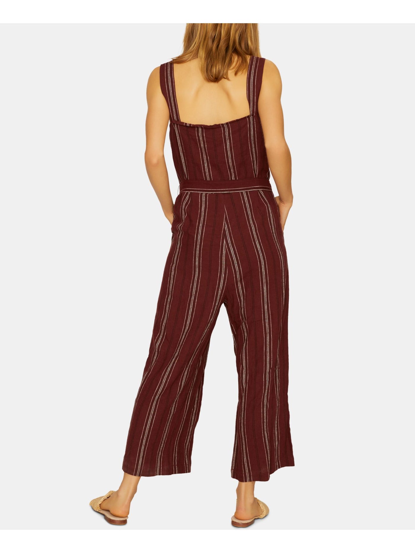 SANCTUARY Womens Maroon Striped Sleeveless V Neck Wide Leg Jumpsuit M