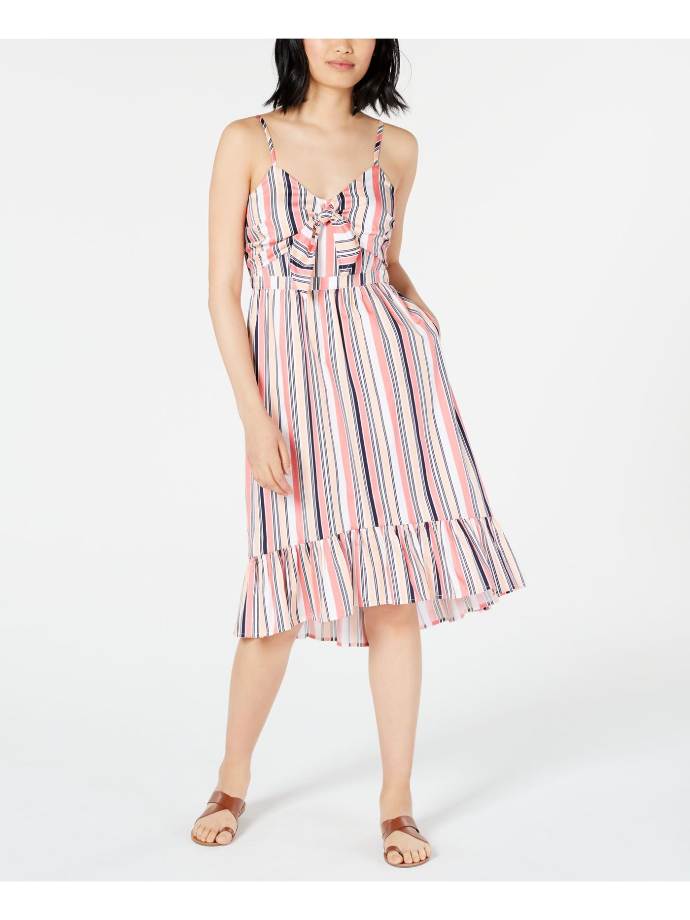 MAISON JULES Womens Pink Striped Spaghetti Strap V Neck Midi Fit + Flare Dress 8