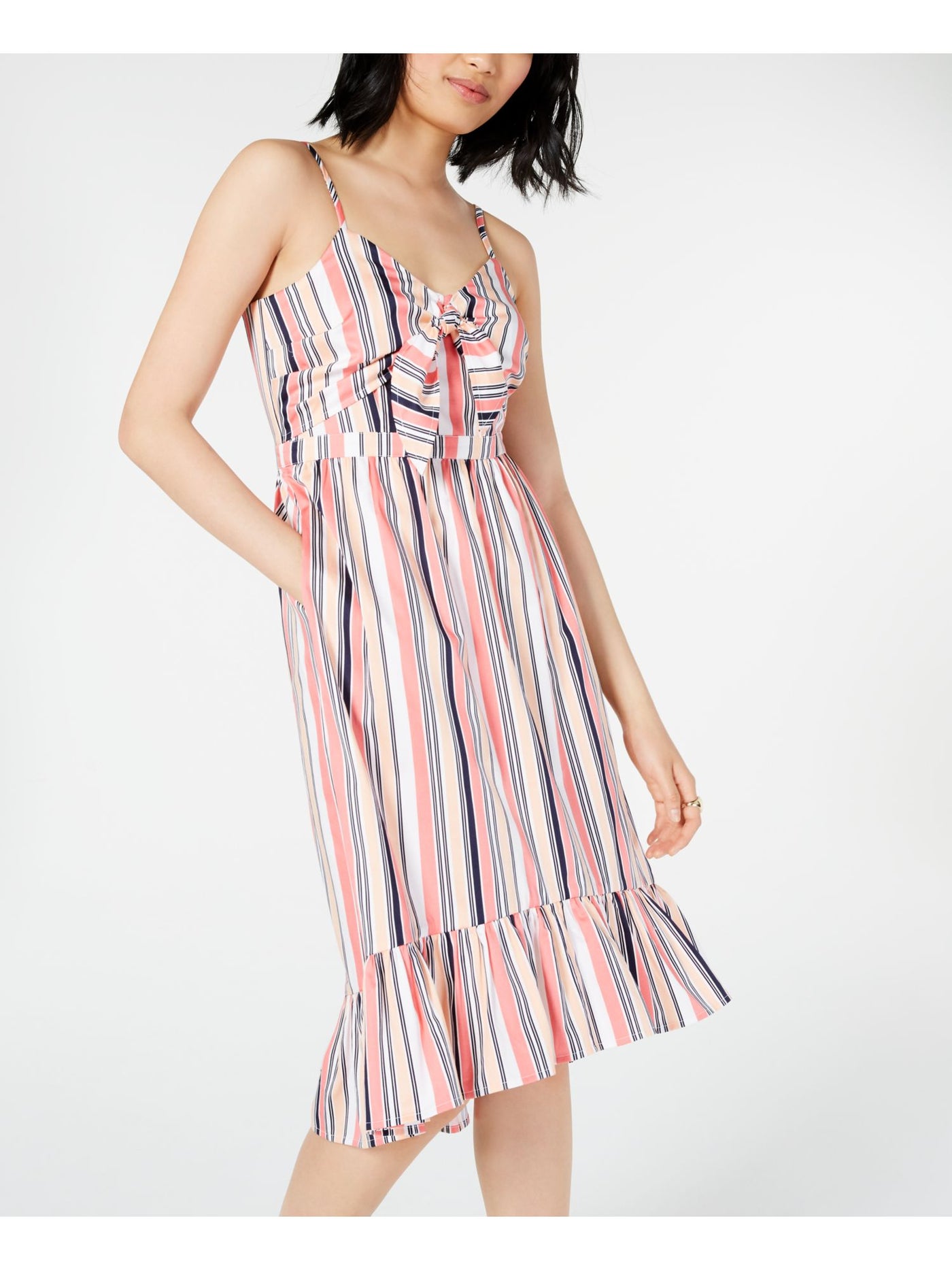 MAISON JULES Womens Pink Striped Spaghetti Strap V Neck Midi Fit + Flare Dress 8