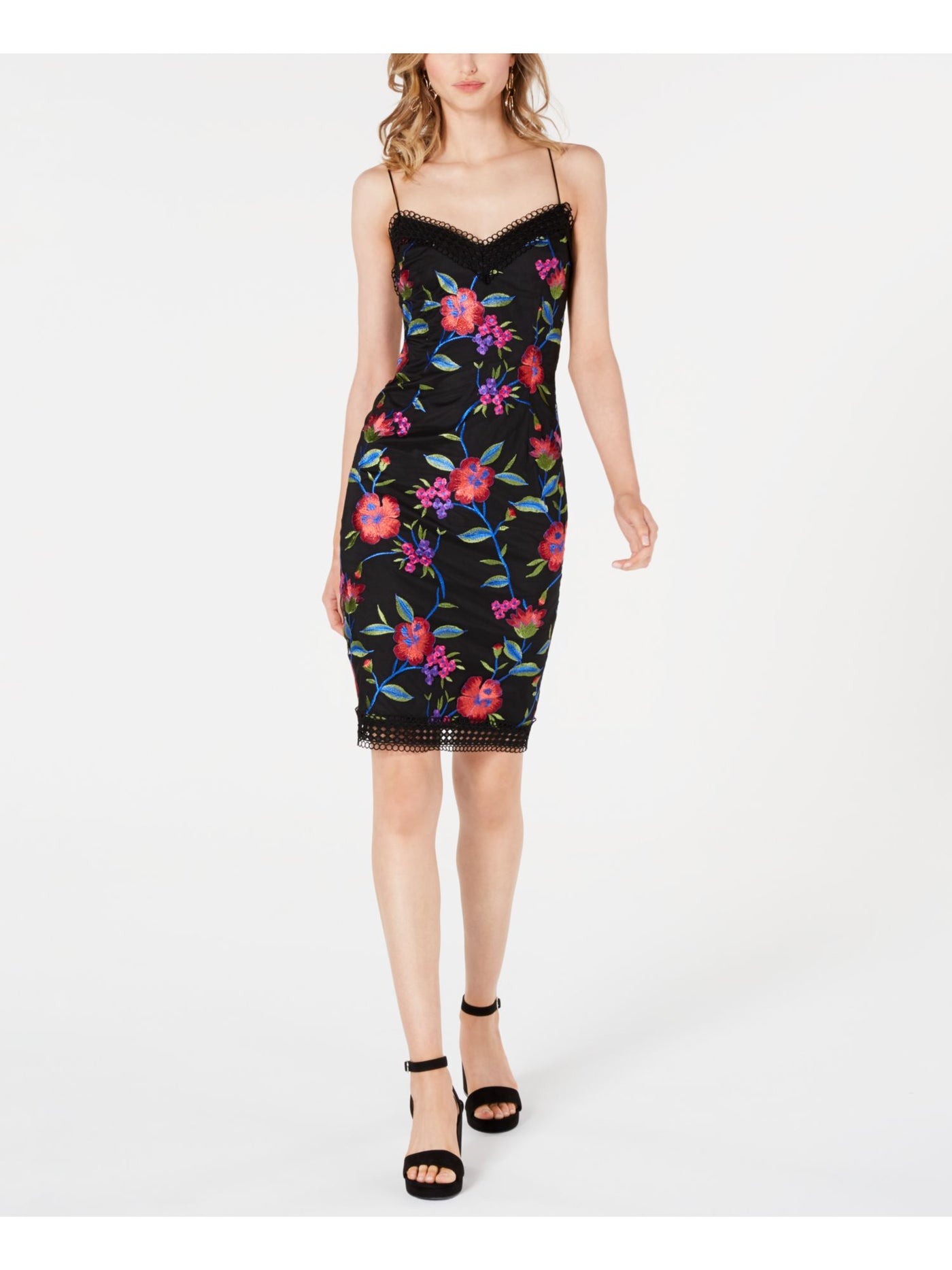 AIDAN MATTOX Womens Black Floral Spaghetti Strap V Neck Above The Knee Cocktail Body Con Dress 0