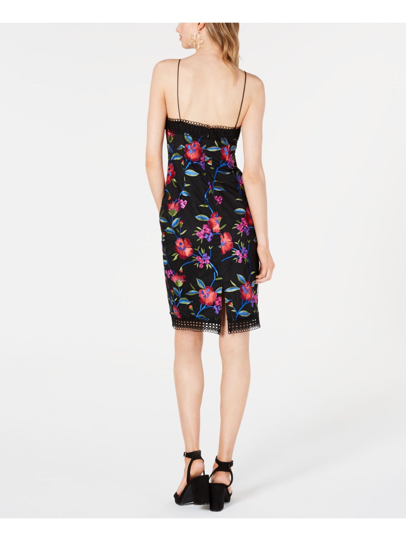 AIDAN MATTOX Womens Black Floral Spaghetti Strap V Neck Above The Knee Cocktail Body Con Dress 0