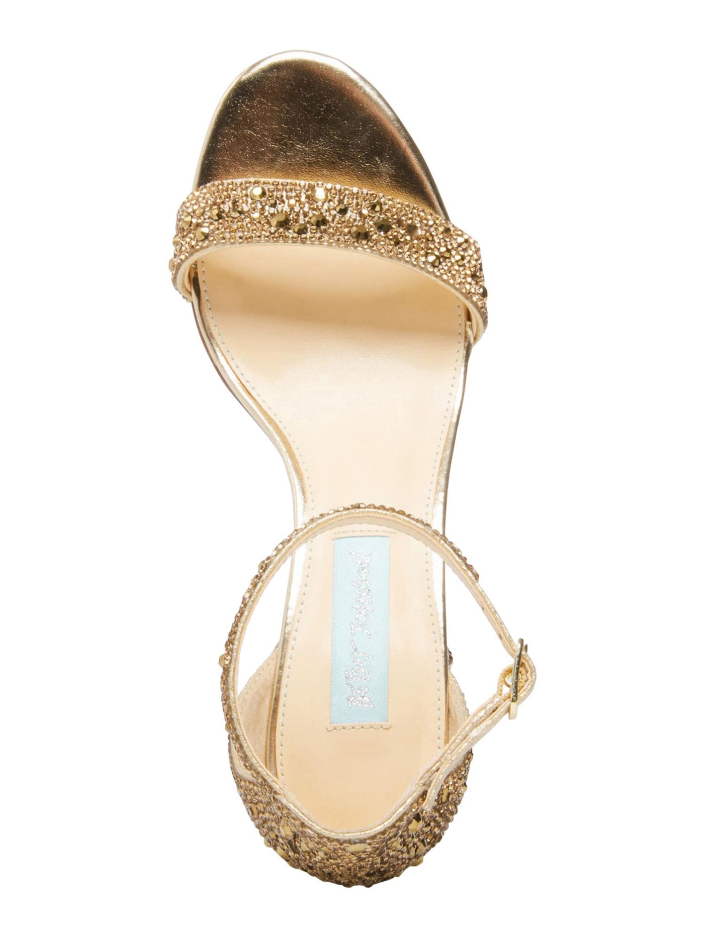 BETSEY JOHNSON Womens Gold Rhinestone Embellishment Ankle Strap Adjustable Mari Round Toe Block Heel Buckle Dress Sandals Shoes 5.5 M