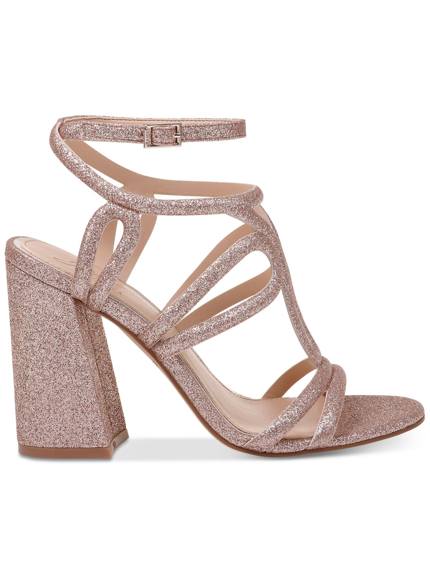 JEWEL BADGLEY MISCHKA Womens Pink Caged Design Glitter Adjustable Strap Shari Round Toe Block Heel Buckle Dress Sandals Shoes 9.5