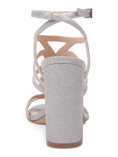 JEWEL BADGLEY MISCHKA Womens Silver Caged Padded Ankle Strap Glitter Shari Round Toe Flare Buckle Slingback Sandal 11