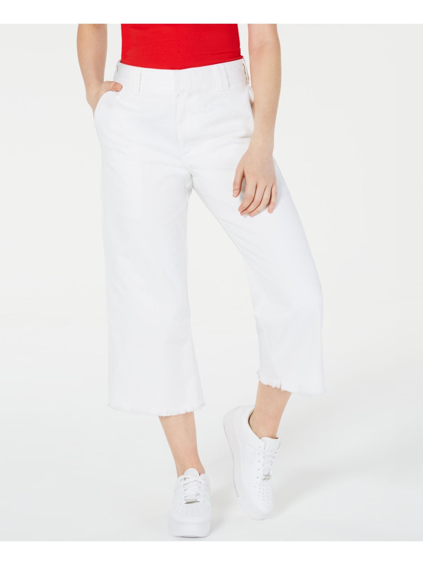 DICKIES Womens White Zippered Pocketed High Rise Frayed Crop Twill Wide Leg Pants Juniors 11\30