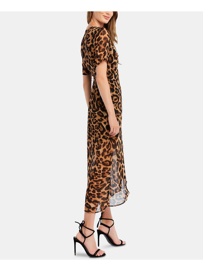 BARDOT Womens Brown Animal Print Short Sleeve V Neck Midi Party Wrap Dress 4\XS