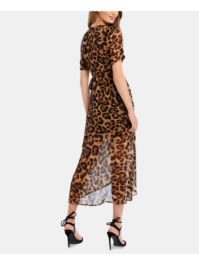 BARDOT Womens Brown Animal Print Short Sleeve V Neck Midi Party Wrap Dress 4\XS