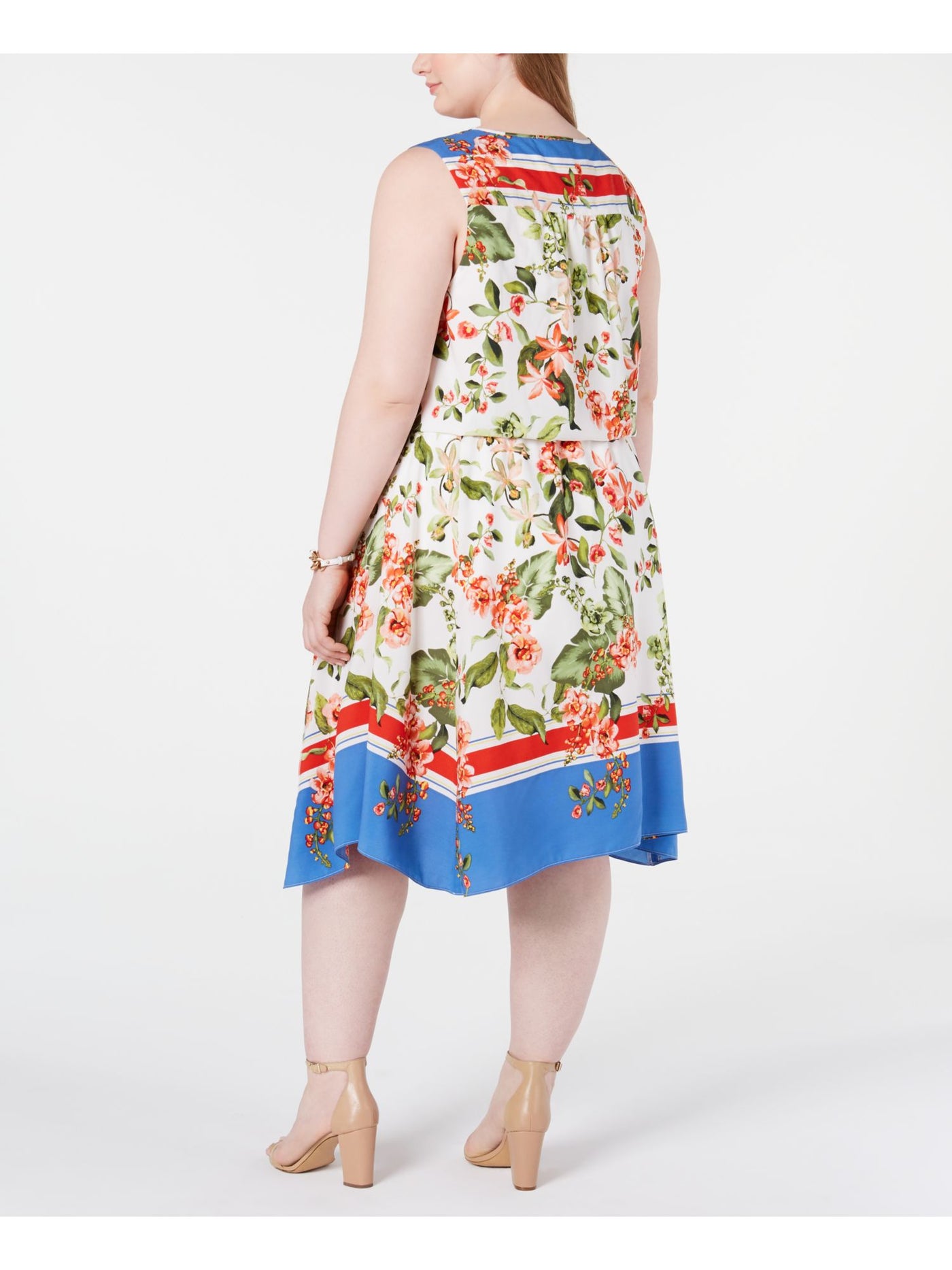 TOMMY HILFIGER Womens Ivory Floral Sleeveless V Neck Midi Fit + Flare Dress Plus 18W