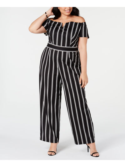 TEEZE ME Womens Black Striped Short Sleeve Off Shoulder Evening Wide Leg Jumpsuit 22