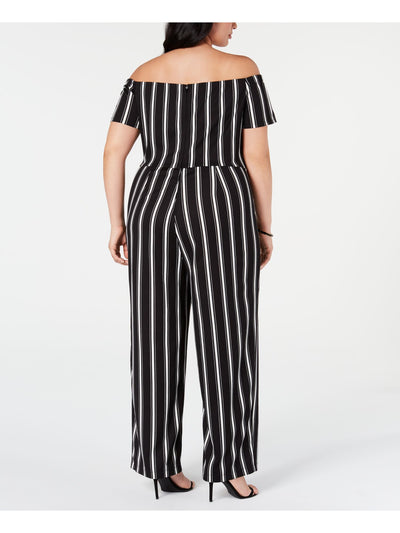 TEEZE ME Womens Black Striped Short Sleeve Off Shoulder Evening Wide Leg Jumpsuit 22