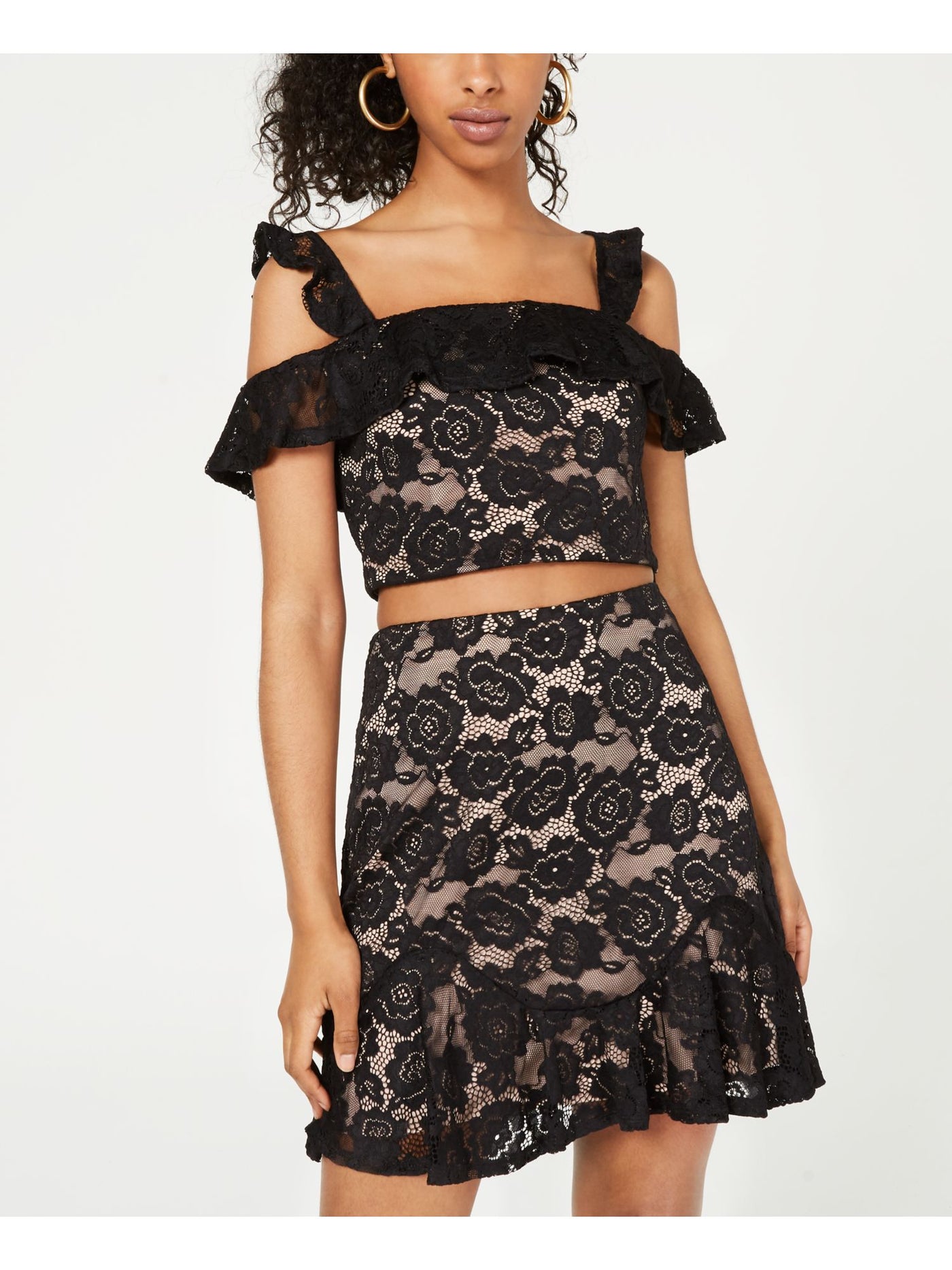 CITY STUDIO Womens Black Lace Square Neck Party Crop Top 3