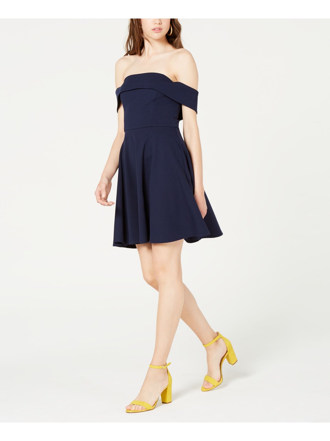 CITY STUDIO Womens Navy Short Sleeve Off Shoulder Mini Cocktail Fit + Flare Dress 1