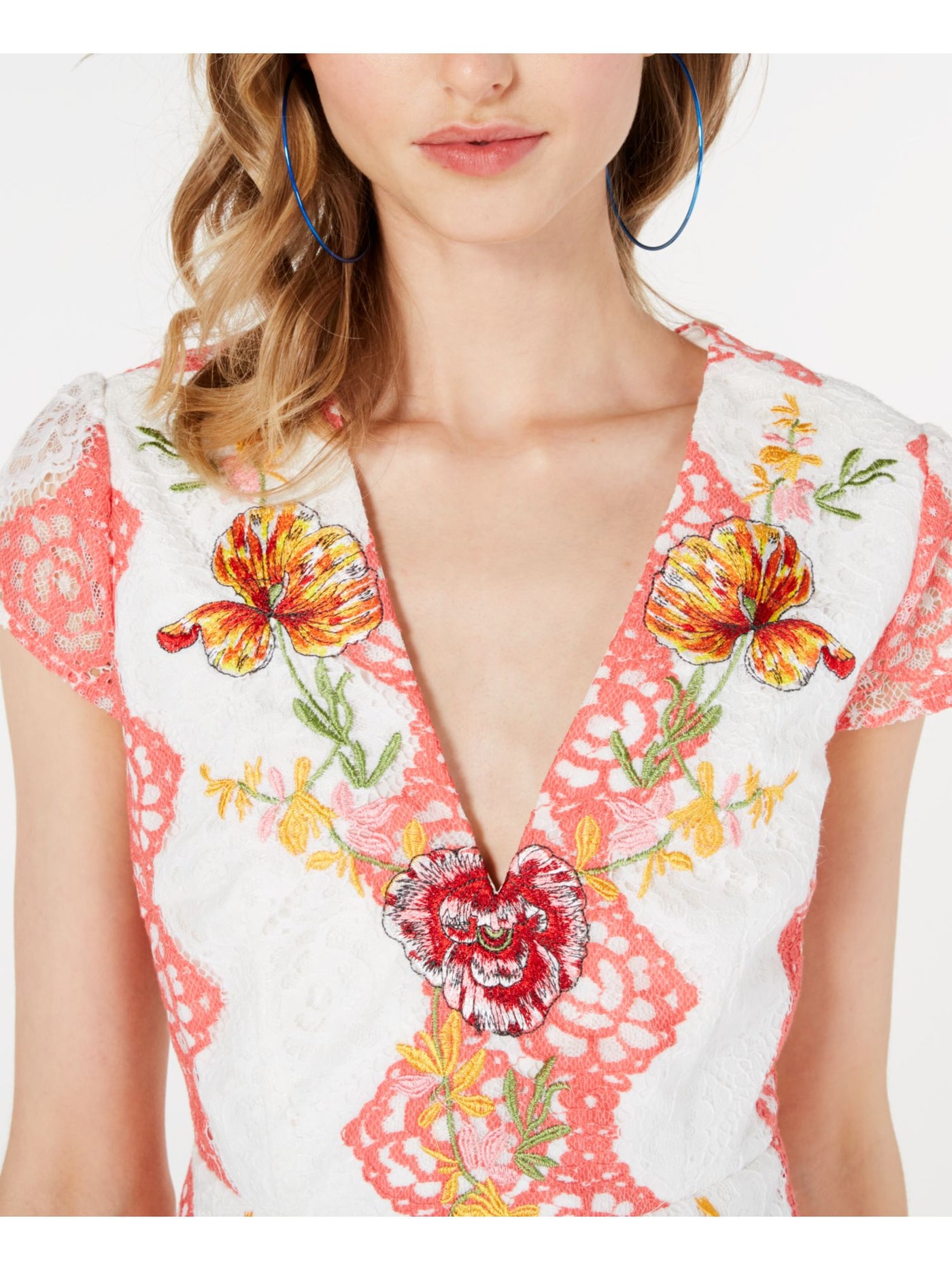 FOXIEDOX Womens Ivory Floral Short Sleeve V Neck Mini Evening A-Line Dress XL