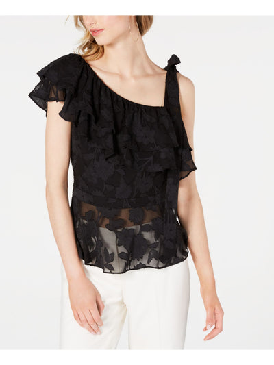 RACHEL ZOE Womens Black Ruffled Short Sleeve Jewel Neck Top 0