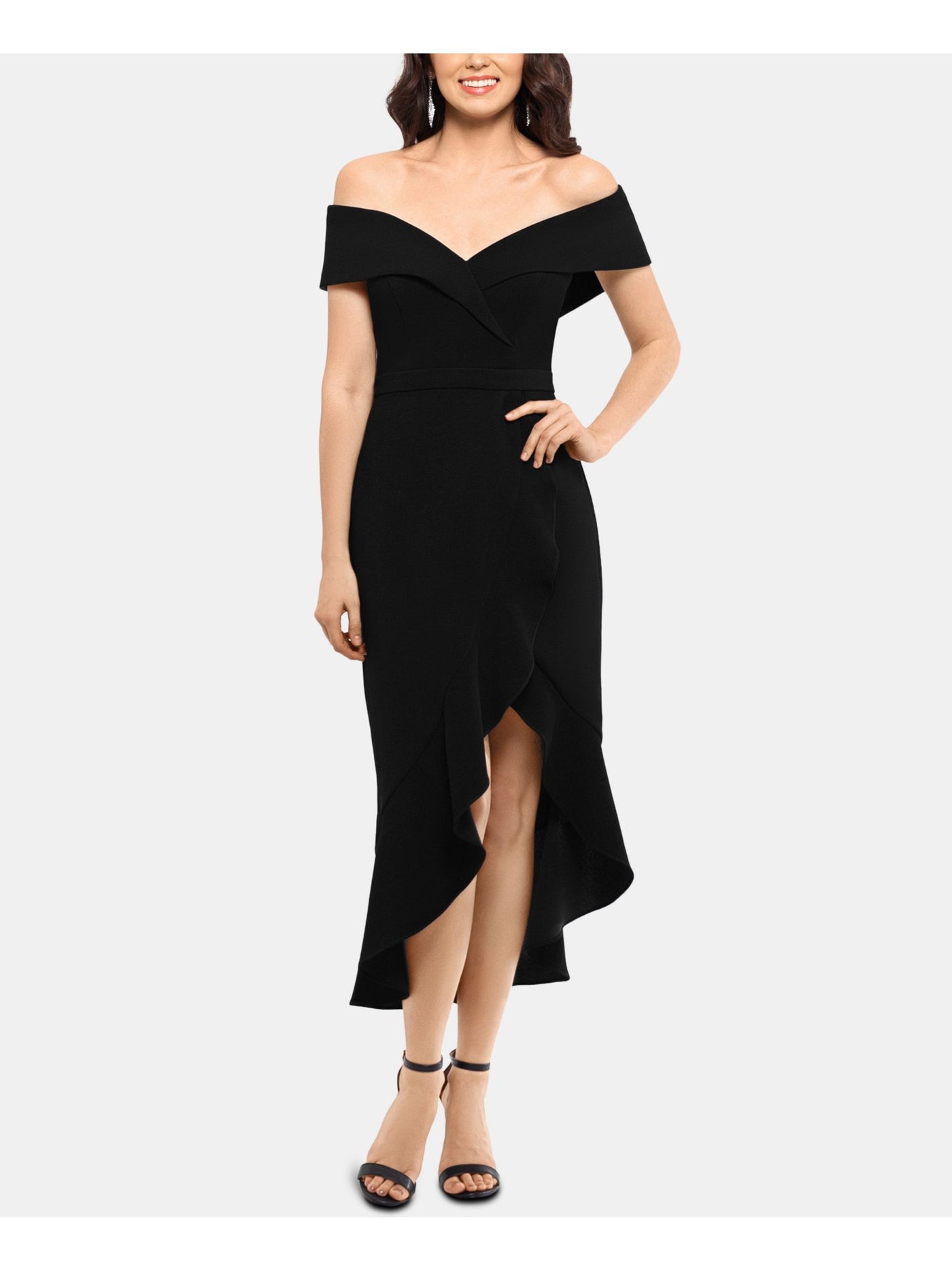 XSCAPE Womens Black Ruffled Short Sleeve Off Shoulder Above The Knee Evening Hi-Lo Dress 2