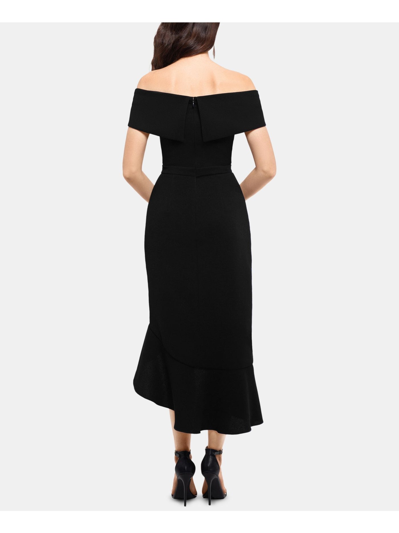 XSCAPE Womens Black Ruffled Short Sleeve Off Shoulder Above The Knee Evening Hi-Lo Dress 2