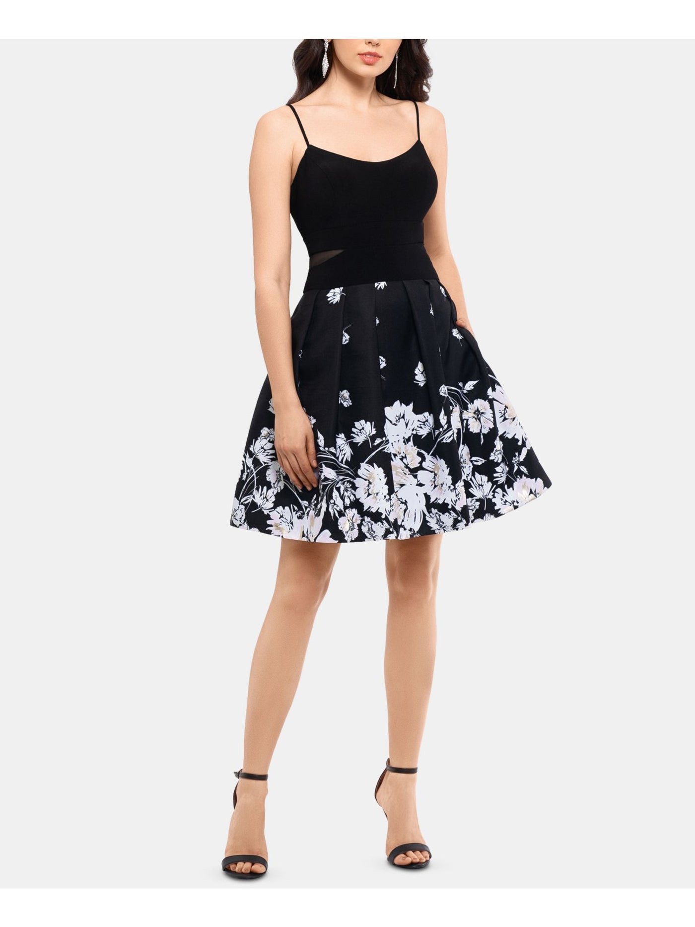 XSCAPE Womens Black Floral Spaghetti Strap V Neck Mini Formal Fit + Flare Dress 0