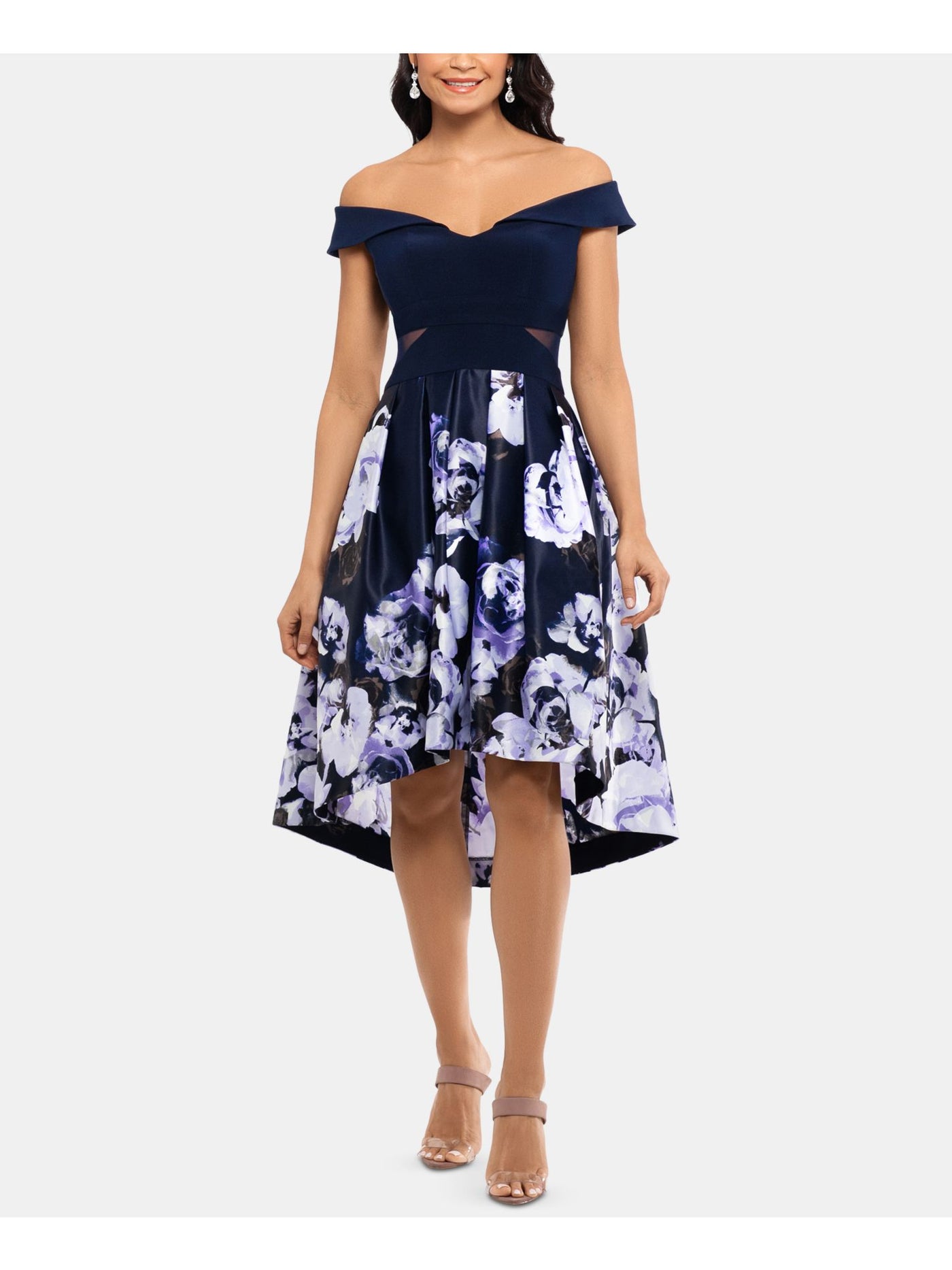 XSCAPE Womens Navy Floral Sleeveless Off Shoulder Midi Formal Fit + Flare Dress Petites 14P